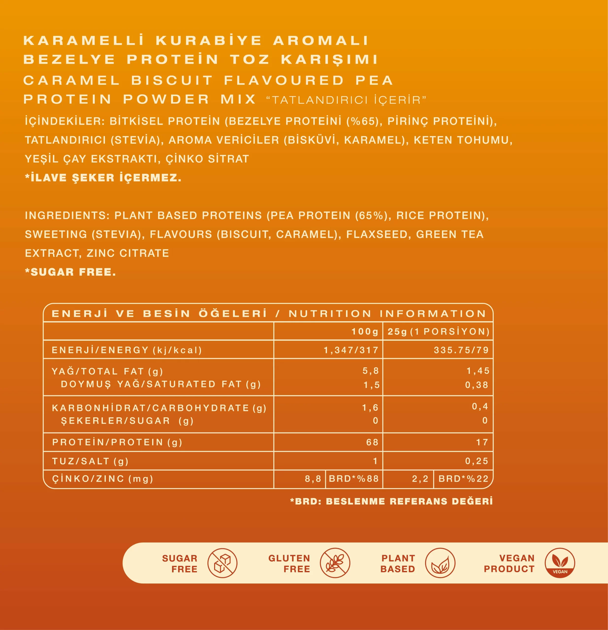 Karamelli Kurabiye Aromalı Protein Toz Karışımı ambalaj etiketi