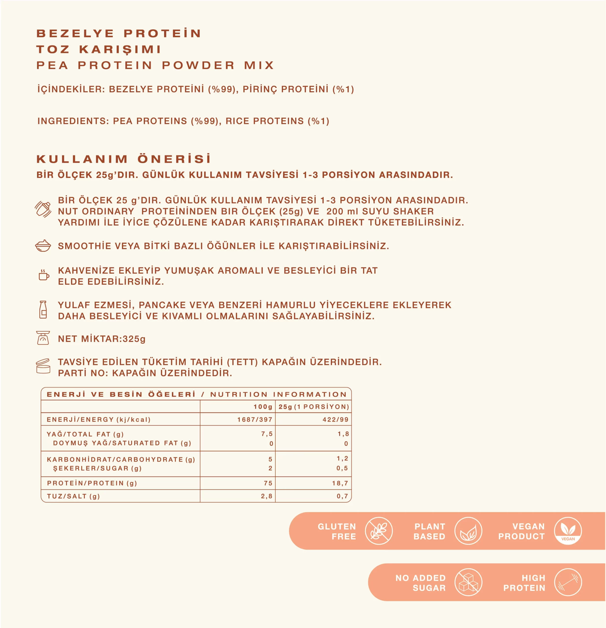 Sade Bezelye Protein Toz Karışımı ambalaj etiketi