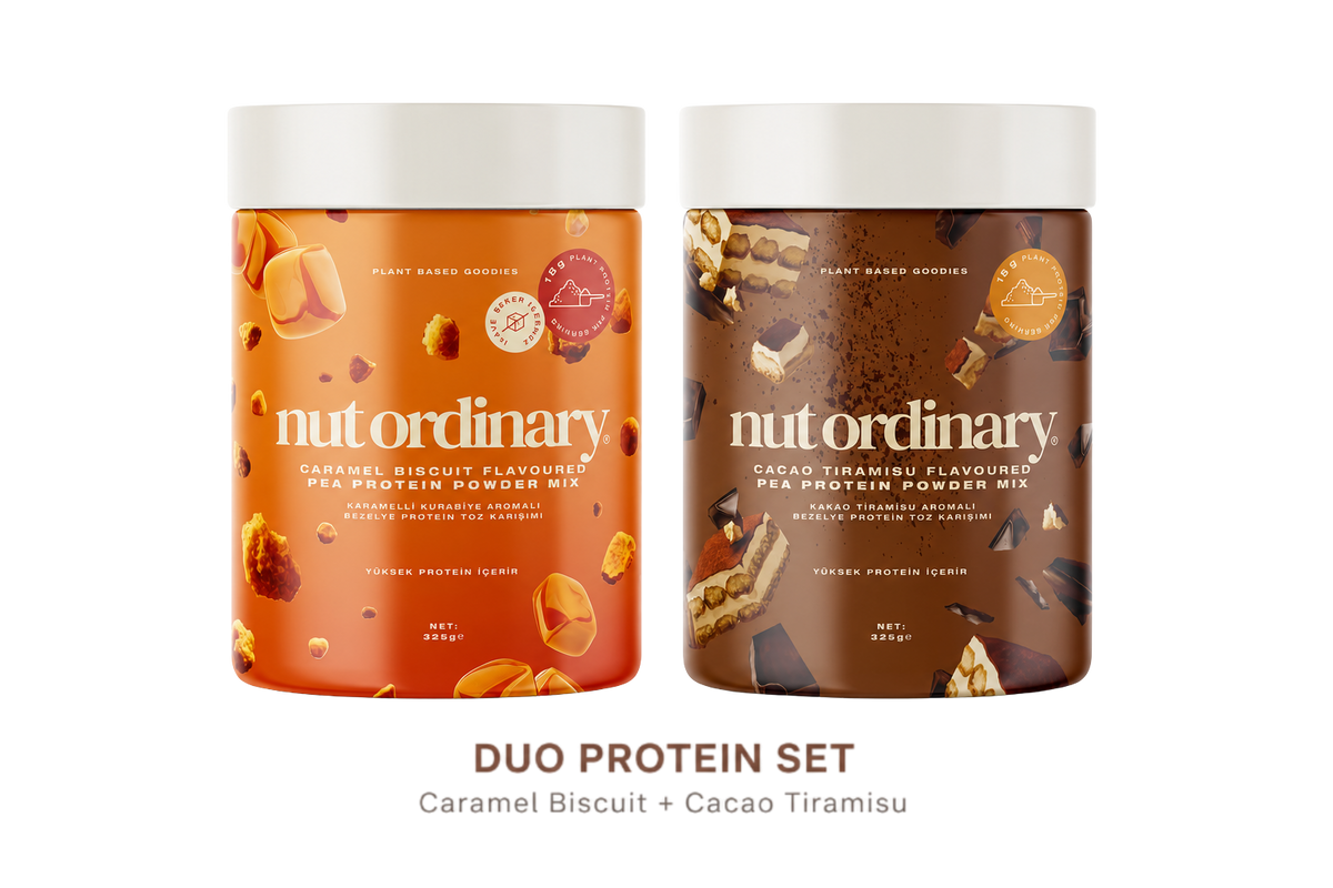 Kakao Tiramisu Aromalı Bezelye Protein Toz Karışımı (325 g) + Karamelli Kurabiye Aromalı Bezelye Protein Toz Karışımı (325 g)