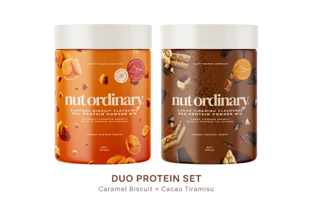 Kakao Tiramisu Aromalı Bezelye Protein Toz Karışımı (325 g) + Karamelli Kurabiye Aromalı Bezelye Protein Toz Karışımı (325 g)