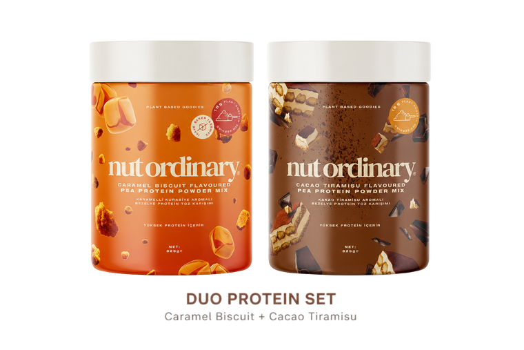 Kakao Tiramisu Aromalı Bezelye Protein Toz Karışımı (325 g) + Karamelli Kurabiye Aromalı Bezelye Protein Toz Karışımı (325 g)